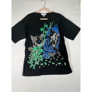 VTG Alyssa Michele Kitty Cat Rose Sequin Embellished Graphic Tee Black One Size